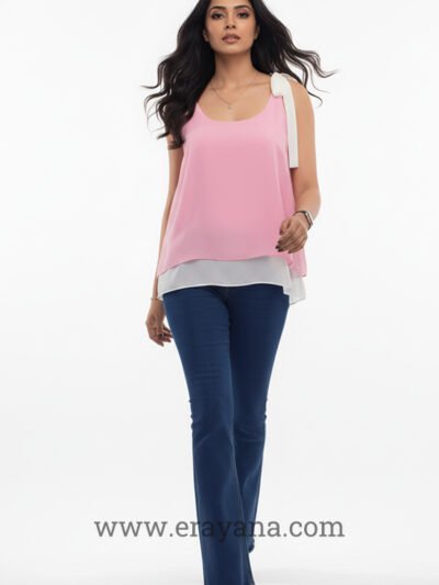 Pink & White Shoulder-Bow Georgette Top