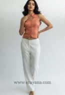 Pinkish-Orange Brocade Halter Keyhole Top