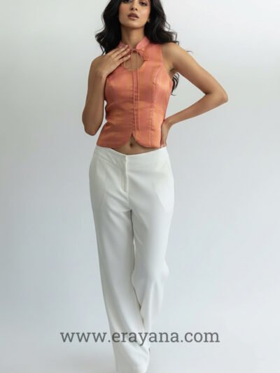 Pinkish-Orange Brocade Halter Keyhole Top