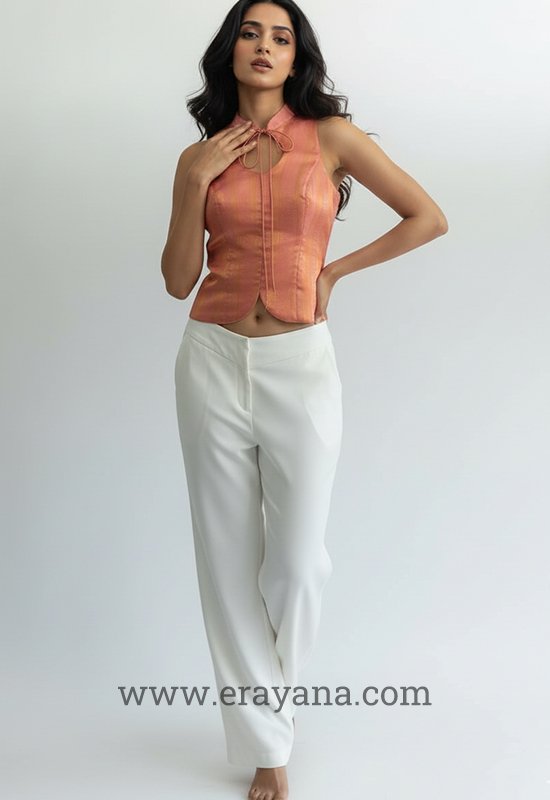 Pinkish-Orange Brocade Halter Keyhole Top