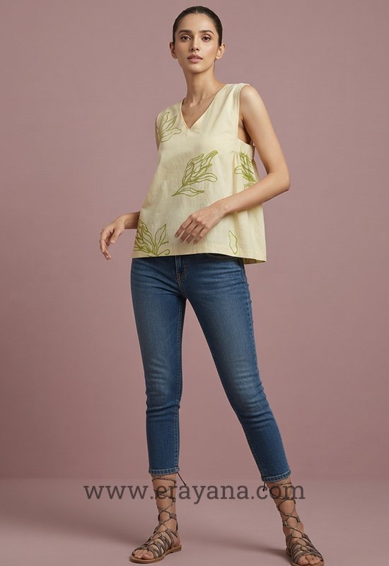 Kora Cotton Resham Embroidered Sleeveless Top