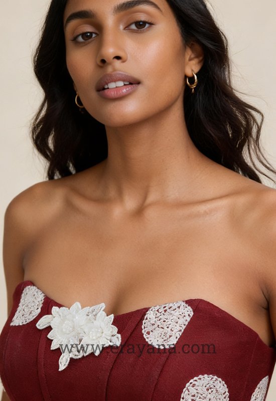 Sleeveless Maroon Jute Uppada Silk Corset with Center Lace Patch