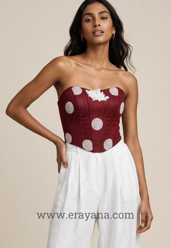 Sleeveless Maroon Jute Uppada Silk Corset with Center Lace Patch - Image 2