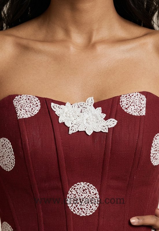 Sleeveless Maroon Jute Uppada Silk Corset with Center Lace Patch - Image 5
