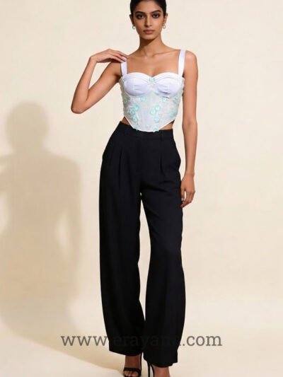 Off-White Chanderi Corset Top with 3D Soft Mint Green Floral Applique