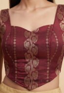 Rich Maroon Brocade Lace-Up Corset Top with Gold Zari Details