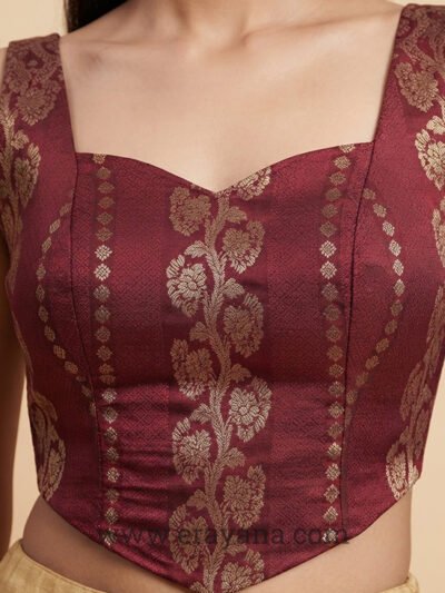 Rich Maroon Brocade Lace-Up Corset Top with Gold Zari Details