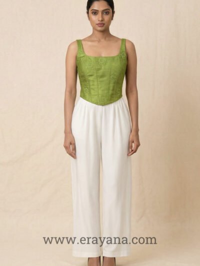 Olive Green Jute Silk Uppada Lace-Up Corset Top