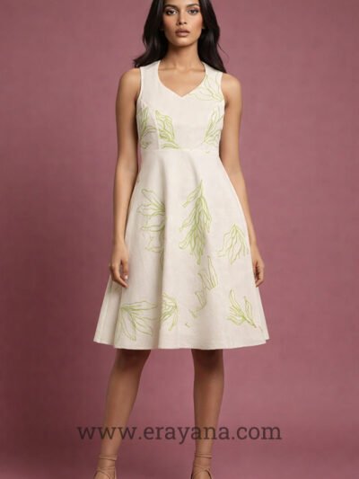 Natural Off-White Kora Cotton Line-Embroidered Fit & Flare Dress