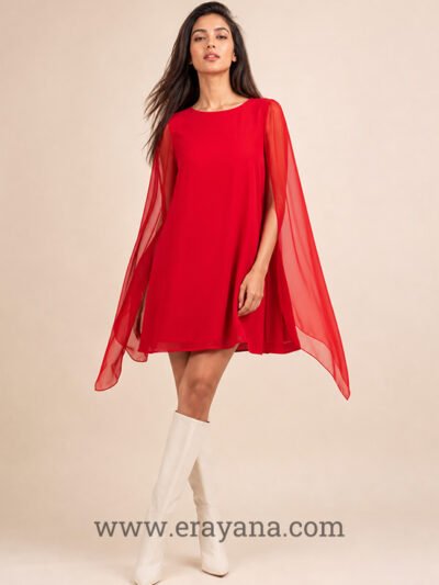 Crimson  Dramatic Cape Sleeve Mini Dress