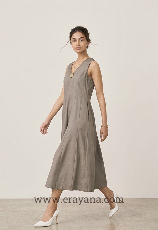 Grey Paneled V-Neck Belted Midi Dress - Image 3