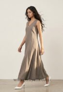 Grey Paneled V-Neck Belted Midi Dress
