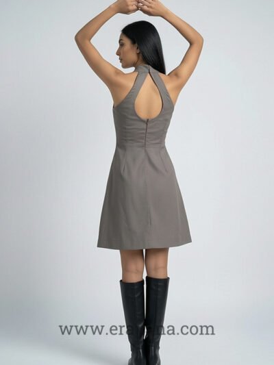 Grey Asymmetric Overlap Halter Keyhole Mini Dress