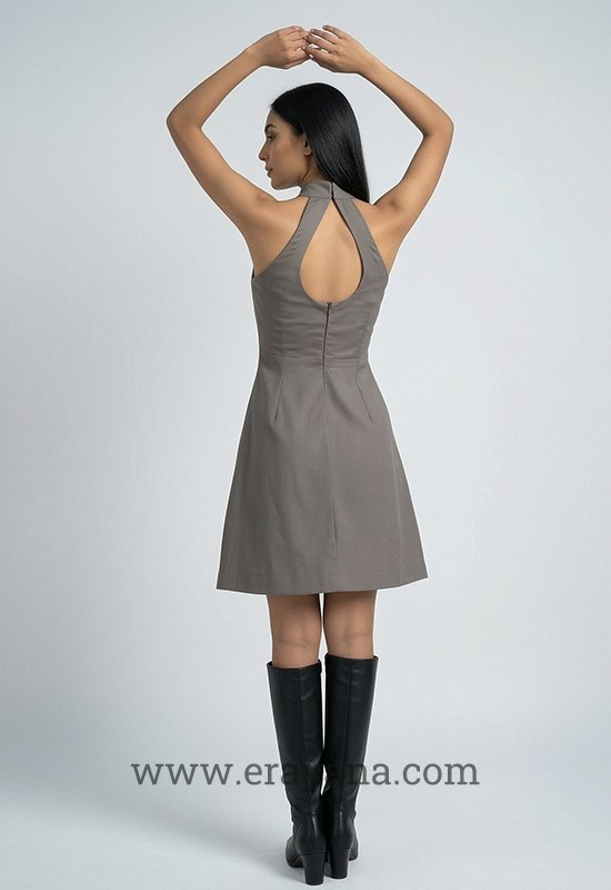 Grey Asymmetric Overlap Halter Keyhole Mini Dress