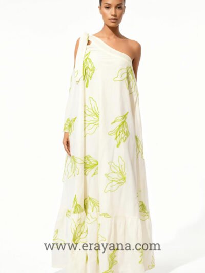 Green Resham Embroidered One-Shoulder Kora Cotton Maxi Dress