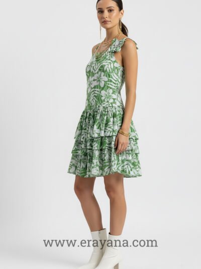 Forest Green Three-Tier Floral Appliqué Mini Dress