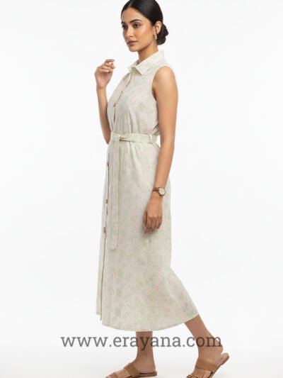 Green Resham Embroidered Kora Cotton Midi Dress